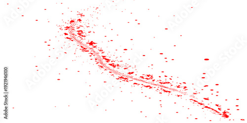 A vibrant red watercolor paint splash creates a grunge heart pattern with ink splatters and blood-like droplets on a white paper texture for a bold artistic vector design