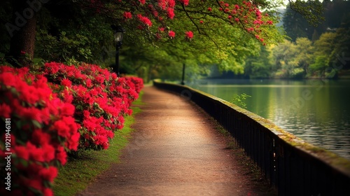 A Beautiful Tree-Lined Pathway with Vibrant Red Flowers Leads to a Tranquil Lake Inviting Peaceful Reflection