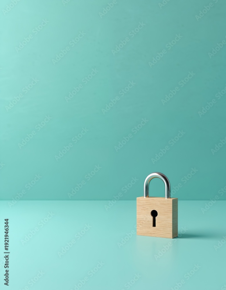 Fototapeta premium Wooden padlock rests on turquoise surface. Simple graphic object represents digital safety and data protection concept. Minimalist design implies security, privacy, access.