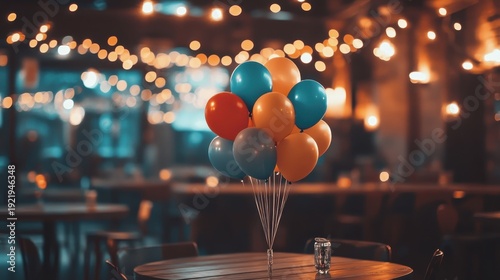 A vibrant bunch of colorful balloons arranged creatively on a table in a festive indoor setting with bokeh lights