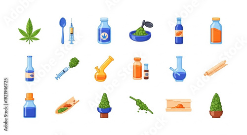 various cannabis products and smoking accessories illustration set in a cartoon style
