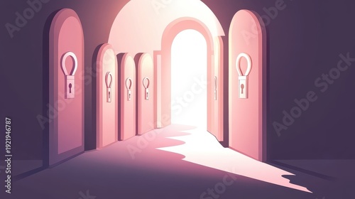 A hallway of arched doorways with keyhole symbols, bathed in bright light, inviting passage and decision.