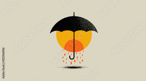 Illustration of a sun-like shape covered by a black umbrella, with raindrops falling from it