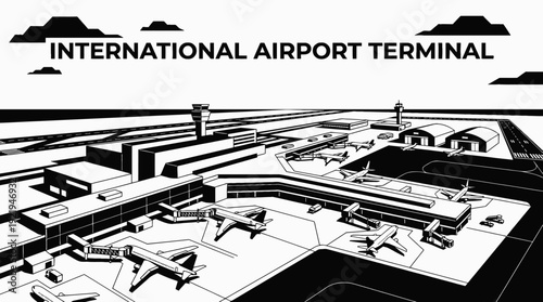 international airport terminal aviation runway airplane passenger departure arrival transport travel infrastructure business modern design vector illustration