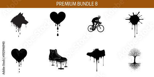 Black silhouette collection of dripping and figures including wolf heart boot shoe cyclist and tree melting