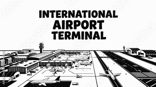 international airport terminal aviation runway airplane passenger departure arrival transport travel infrastructure business modern design vector illustration
