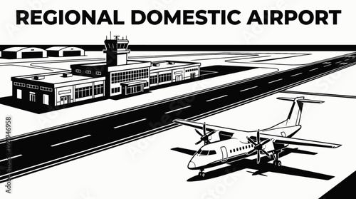 regional airport terminal aviation runway airplane passenger departure arrival transport travel infrastructure local business design vector illustration