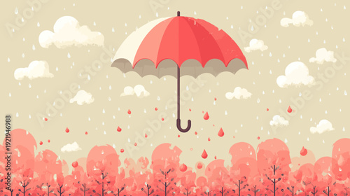 An umbrella shelters a scene of rain and autumnal trees in a soft, illustrative style