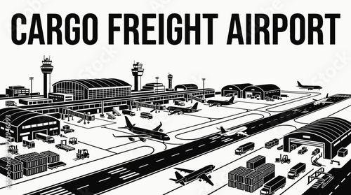 cargo airport terminal aviation runway airplane logistics transport freight infrastructure warehouse business industrial design vector illustration