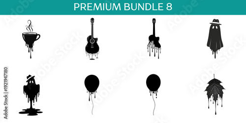 Black dripping silhouettes of a coffee cup guitar ghost with hat balloon and leaf white melting