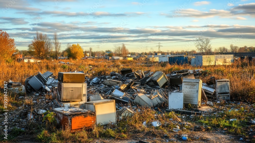 Fototapeta premium A vast landfill scene with rusting appliances and broken furniture stacked haphazardly under soft, industrial background lighting.