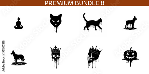 Black silhouette of yoga person cat dog skull pumpkin with dripping effect meditation