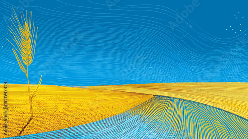 Illustration of a wheat field under a blue sky with some stars