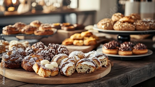An assortment of freshly baked festive pastries and cookies displayed on a rustic kitchen counter