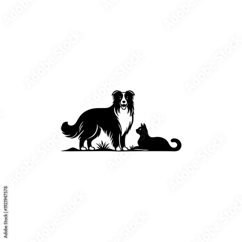 Dog and Cat Silhouette Illustration Together.