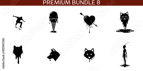 Black silhouette collection melting dripping figures skateboarder ice cream heart cat wolf alien ice cream cone
