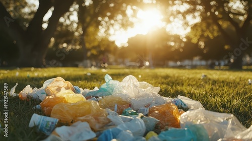 Accumulation of colorful plastic litter scattered across grassy parkland under bright sunlight, highlighting environmental pollution