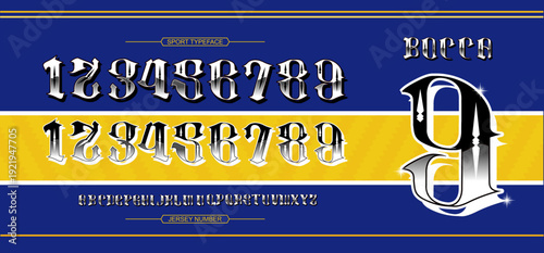 Luxury chrome Blackletter font on Boca-style jersey, featuring Gothic numbers and metallic Victorian typography for sports.