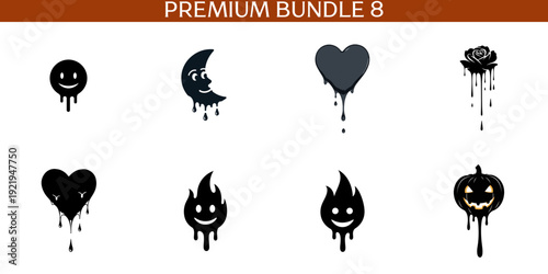 Black dripping of smiley face moon heart rose flame and pumpkin melting liquid