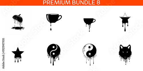 Black dripping of pumpkin cup star yin yang wolf on white background liquid