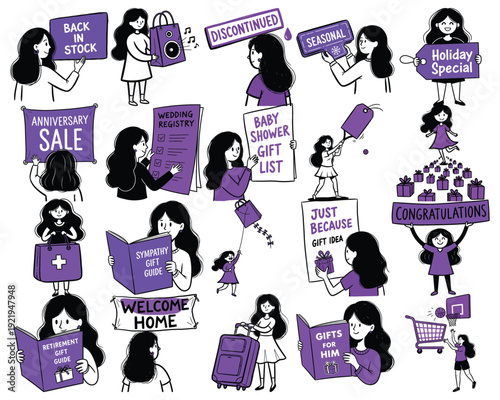 Whimsical hand-drawn purple icons for e-commerce and gifting occasions, including back in stock, discontinued, seasonal, holiday special, anniversary sale, and baby shower gifts.