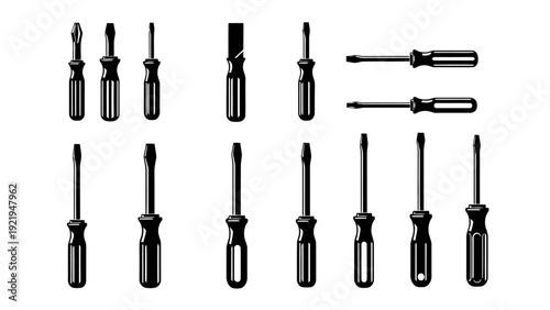 Minimalist Black and White Screwdriver Vector Icons Collection EPS10 Stock.eps