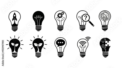 Minimalist Vector Light Bulb Icons Representing Diverse Ideas and Concepts EPS10 Stock.eps