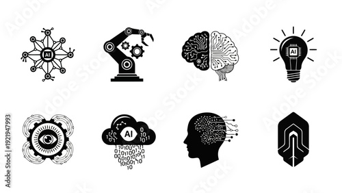 Monochrome vector icon set Artificial Intelligence robotics machine learning technology EPS10 Stock.eps