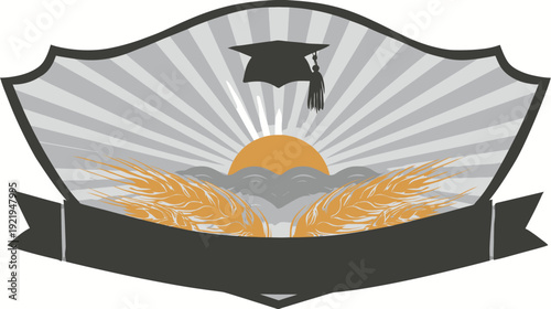 A crest illustration, features a graduation cap, sun, wheat, & banner for a visual design