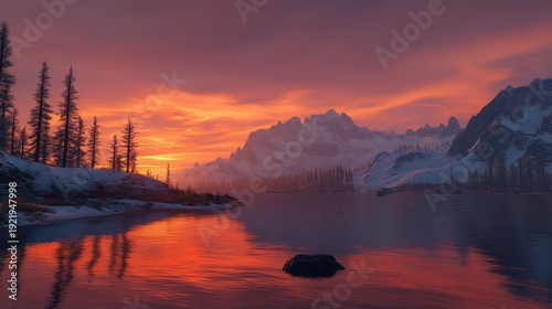 Dramatic Sunset Reflecting in a Tranquil Lake with Snow-Capped Mountains and Silhouetted Trees