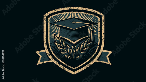A vintage-style emblem of academia featuring a graduation cap, laurel leaves, and a ribbon