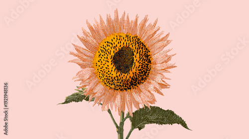 A vibrant, detailed illustration of a sunflower in full bloom, against a soft, pink background