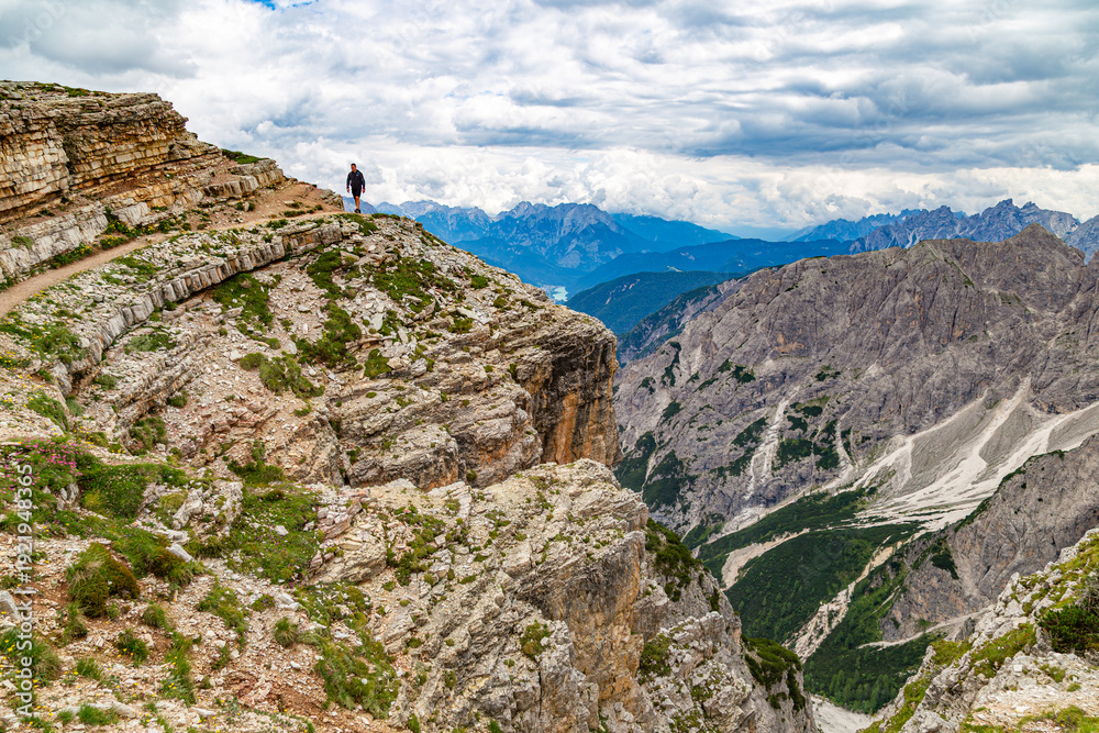 Fototapeta premium Mountain landscape with Tre Cime di Lavaredo view. Dolomites mountains. Italy