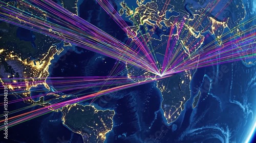 radiant connection lines converge over nighttime earth with multicolor paths radiating from central hub across continents, intense data and flight traffic visualization, latency and routing animation,