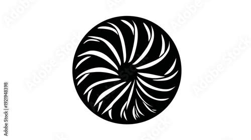 A black and white circle shape, with curved lines emanating from a dark center