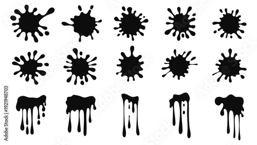 Black Paint Splatter Set. Ink Blots and Dripping Stains Collection. Grunge Vector Elements