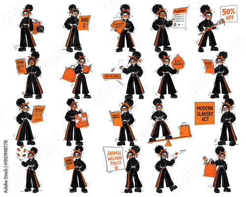 Business & Compliance Character Set: Woman Illustrating Regulations, Certifications, and Eco-Friendly Practices