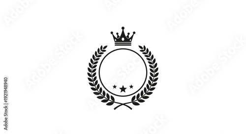 Prestigious black laurel wreath with crown and three stars, empty circle for logo, vector on isolated white background.