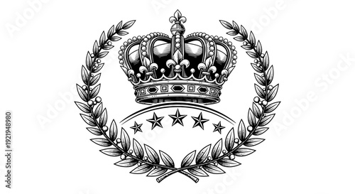 Detailed Vintage Style Crown and Laurel Wreath with Five Stars Grand Emblem on Isolated White Background