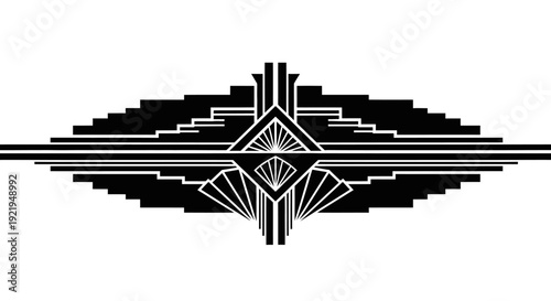 Abstract Black Art Deco Style Horizontal Decorative Border Element on Isolated White Background