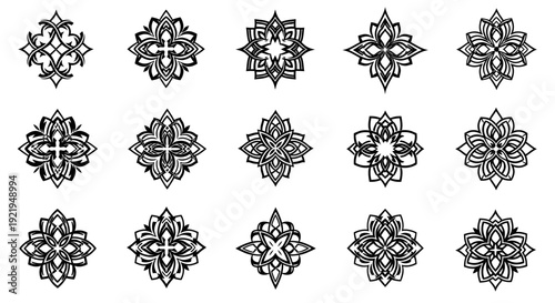 Set of Black Intricate Mandala Style Geometric Decorative Ornaments on Isolated White Background