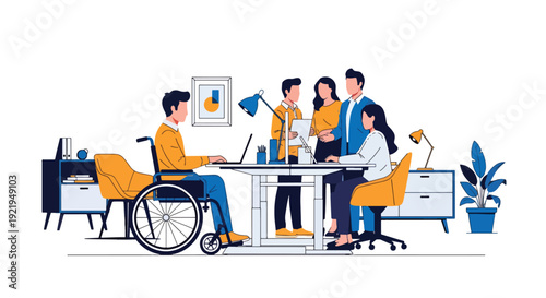 Modern vector illustration of wheelchair user working at office desk with colleagues in flat solid color style promoting workplace inclusion, equal opportunity and professional diversity