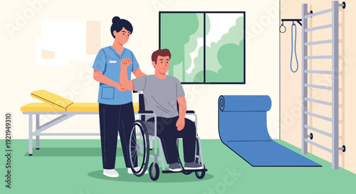 Modern vector illustration of therapist assisting disabled patient with exercise in rehabilitation clinic in flat solid color style highlighting recovery, care and health support concept