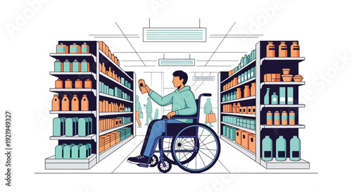 Modern vector illustration of wheelchair user shopping in supermarket aisle in flat solid color style representing independence, accessibility and inclusive everyday lifestyle