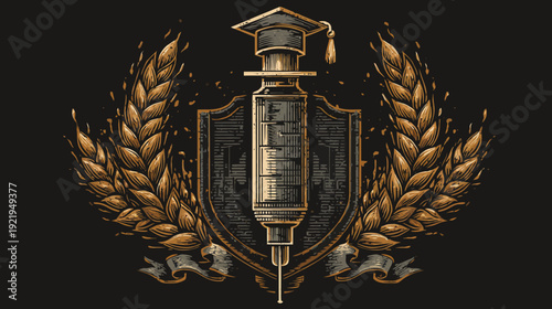 A stylized illustration depicting a syringe with a graduation cap centered, surrounded by wheat and ribbons