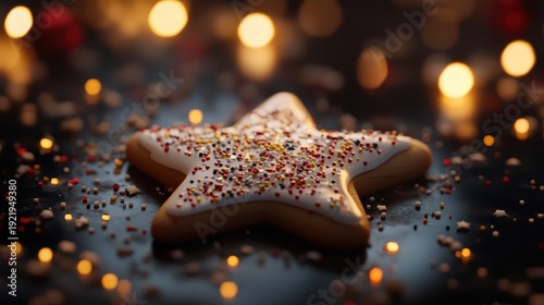 Festive star shaped Christmas cookie adorned with white frosting and colorful sprinkles, captured in soft bokeh lighting