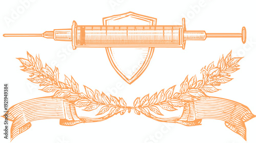 A medical syringe above a shield, decorated by a laurel wreath and ribbon