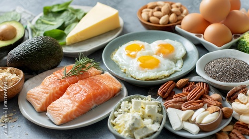 Keto diet food sources with eggs, salmon, and nuts arranged