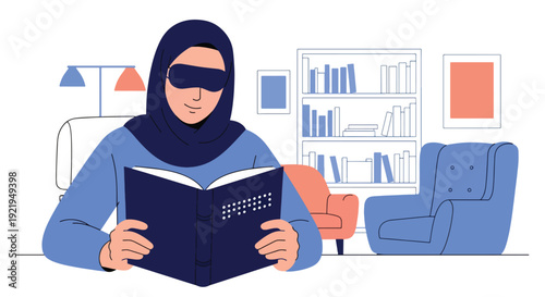 Modern vector illustration of blind person reading braille book at desk in flat solid color style highlighting accessible education, literacy and independence for visually impaired people