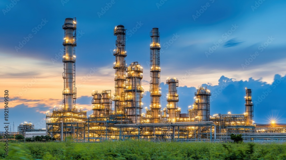 Obraz premium Industrial factory smokestacks at dusk with dramatic lighting effect against a blue cloudy sky and green foreground